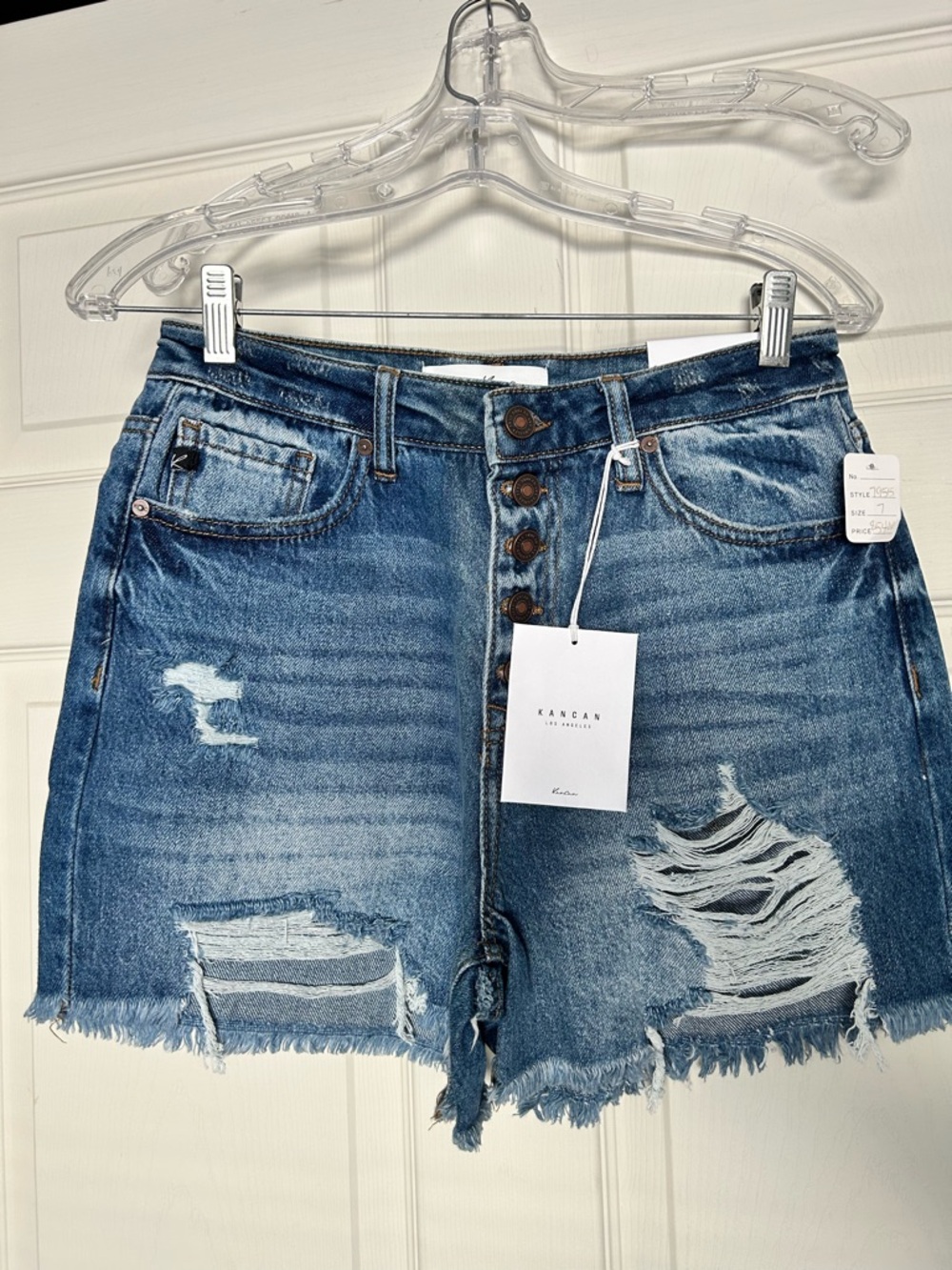 NWT KanCan Distressed High-Rise Denim Shorts in Medium Blue